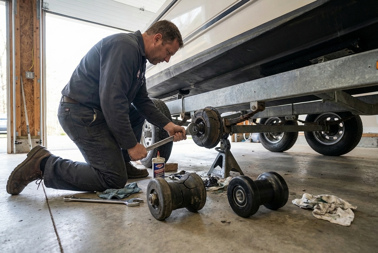 Garage door rollers being inspected and replaced